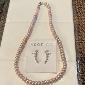 Pink Pearl Necklace and Silver Crystal Earrings Set